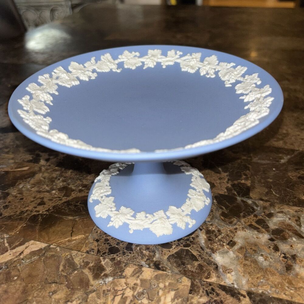 Vintage Wedgwood Blue Jasperware Compote Candy Dish Footed Pedestal 6”